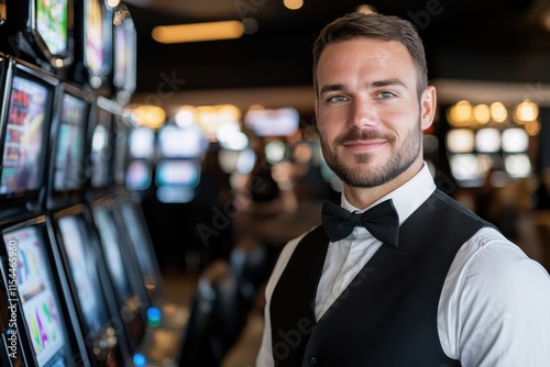 A confident male casino attendant dressed in a tuxedo stands beside slot machines in an upscale casino, showcasing professionalism in an inviting atmosphere.