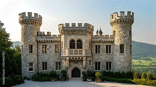 Enchanting stone castle in Salzburg Austria with turrets and a lush valley backdrop photo