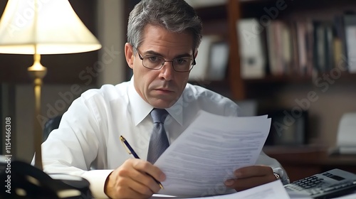 Accountant Reviewing Financial Documents in Office