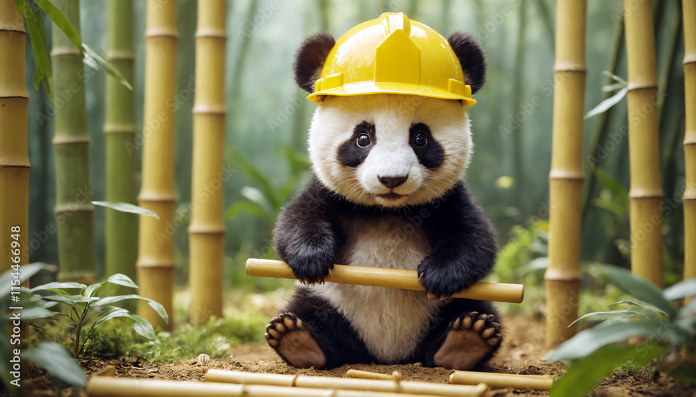 Obraz premium Architect baby panda is building a bungalow bamboo house with a toy hammer in his hand and wearing a construction worker yellow helmet in the middle of a bamboo forest