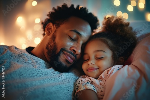 Father and daughter share a joyful moment in cozy bed surrounded by warm lights before bedtime photo