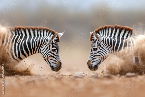Two zebras engage in an intense confrontation in a dusty landscape during the day