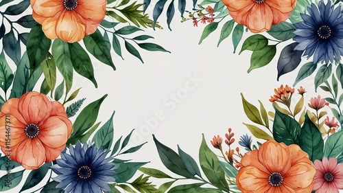 Watercolor frame template mockup with flowers and leaves