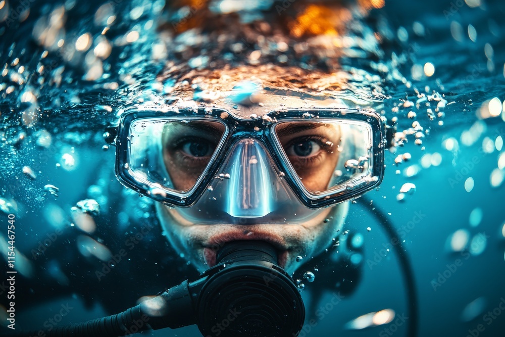 Diver explores underwater wonders in vibrant blue ocean surrounded by bubbles and marine life Diver explores underwater wonders in vibrant blue ocean surrounded by bubbles and marine life