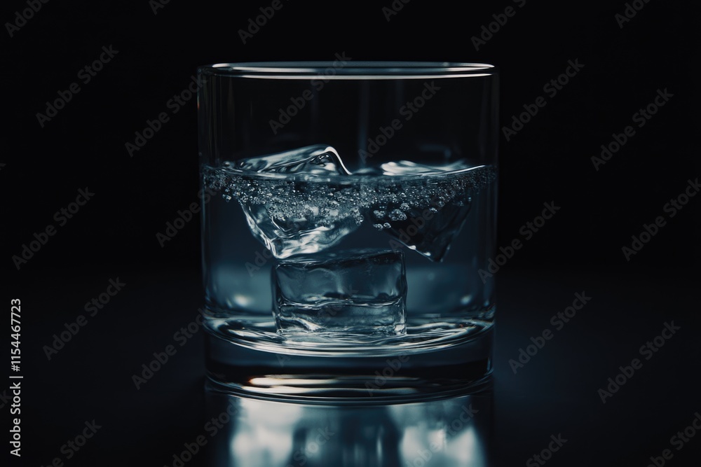A rocks glass filled with water and ice cubes, captured in a dark setting. A rocks glass filled with water and ice cubes, captured in a dark setting.