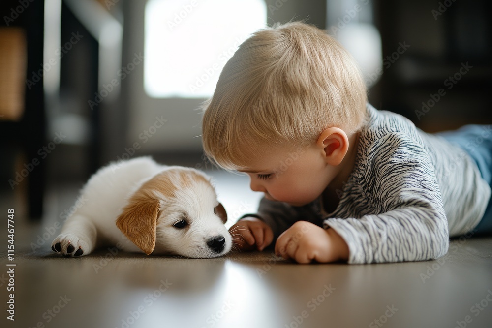 Young child interacts with adorable puppy on indoor floor in bright living room environment