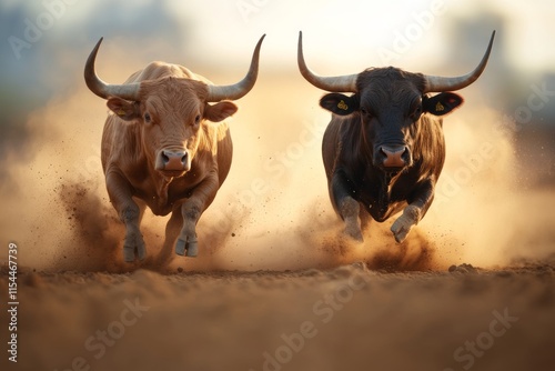 Two bulls sprinting through dusty ground during golden hour in an open field photo