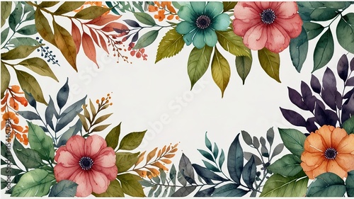 Watercolor frame template mockup with flowers and leaves