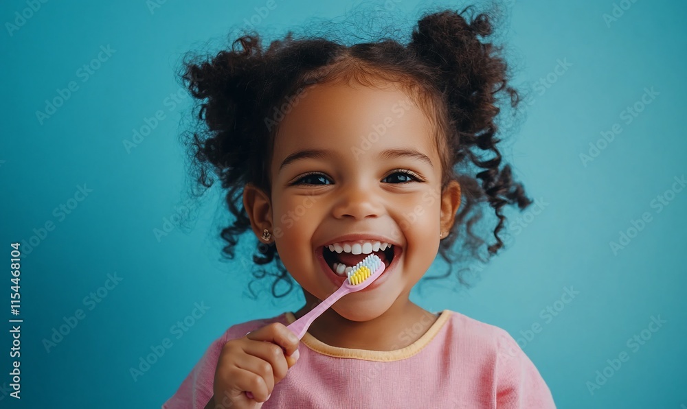 A cheerful child brushing her teeth, promoting dental hygiene and care. A cheerful child brushing her teeth, promoting dental hygiene and care.