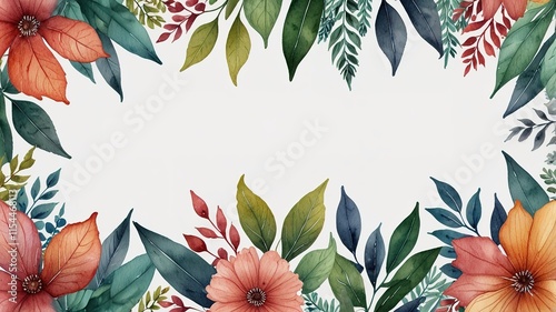 Watercolor frame template mockup with flowers and leaves