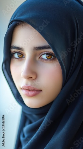 Young beautiful Afghani woman wearing black hijab. Arabic Muslim lady in traditional clothes on white background photo