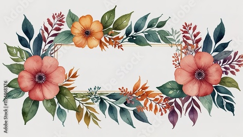 Watercolor frame template mockup with flowers and leaves
