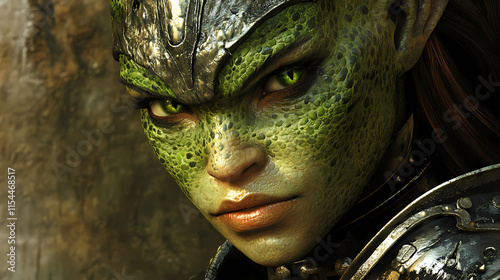Very detailed closeup of medieval female humanoid alien reptilian warrior with scary angry face and green skin in gothic armor, generative ai. Draconian. Illustration
