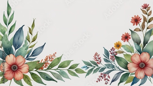 Watercolor frame template mockup with flowers and leaves