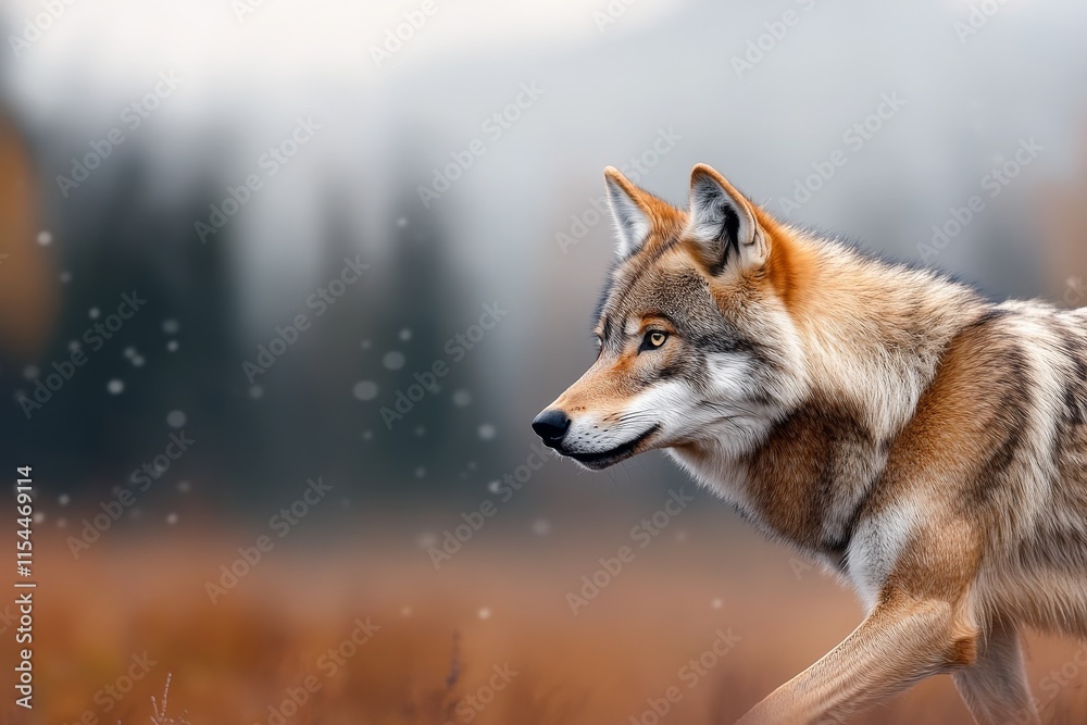 Fototapeta premium Wolf walking through a snowy landscape with blurred forest background during early morning hours