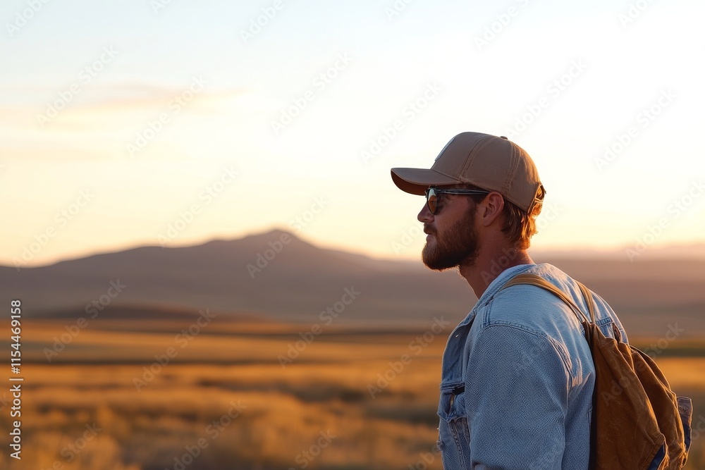 Man enjoying a sunset while exploring a vast open landscape near mountains Man enjoying a sunset while exploring a vast open landscape near mountains