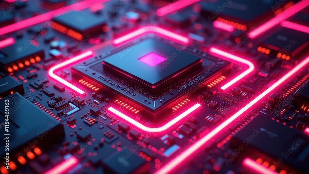 Futuristic Microchip with Illuminated Circuitry and Digital Skull Hologram
Futuristic Microchip with Illuminated Circuitry and Digital Skull Hologram