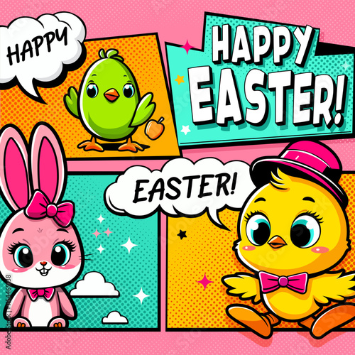 Festive Easter flyer, banner in pop art style with banny, little chick and parrot. Trendy Easter design in comics style with text cloud. Paschal poster. White comic bubble with Happy Easter word