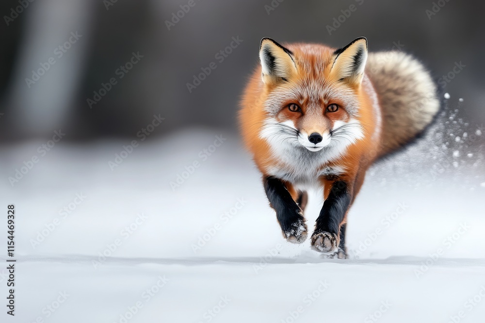 Fototapeta premium Red fox running through the snow in a winter landscape