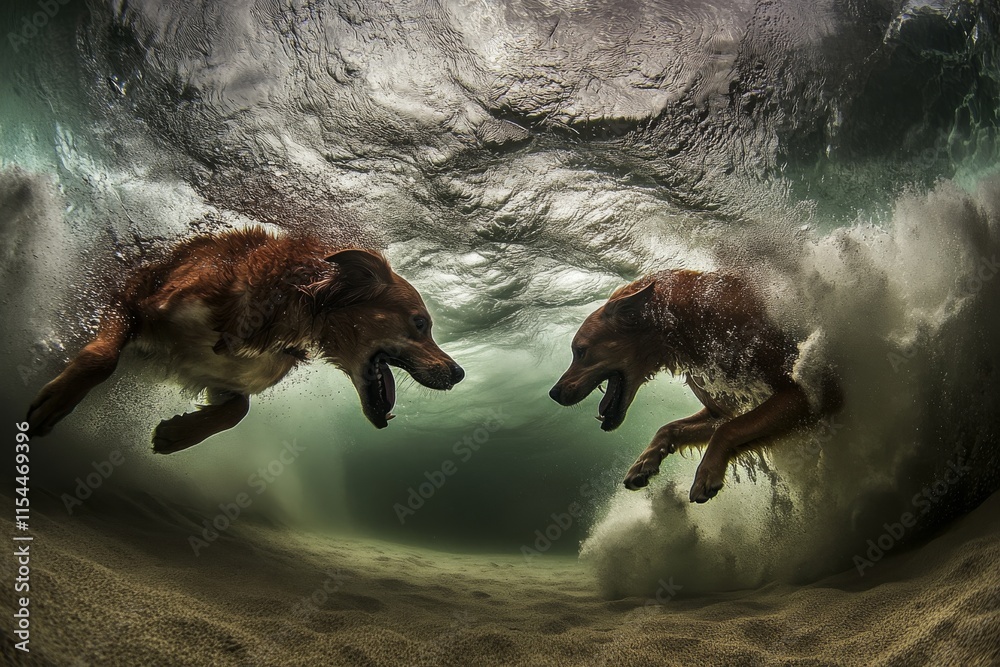 Obraz premium A hilarious underwater photo captures a golden labrador retriever puppy playing in a swimming pool, jumping and diving deep down. It shows action-filled training games with family pets and popular