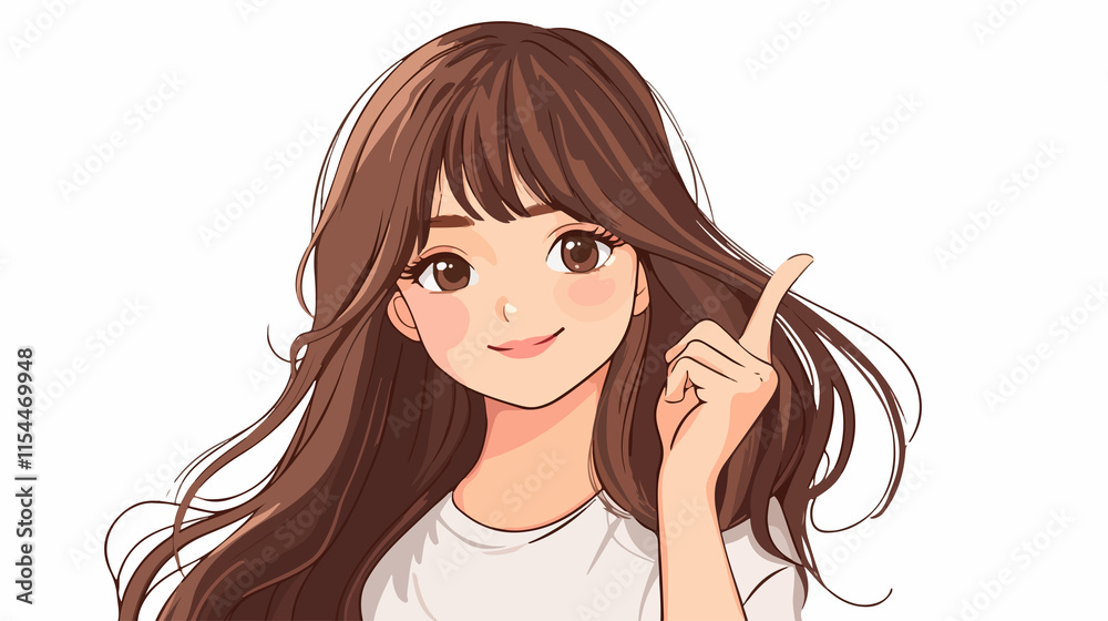 Cute Anime Girl twirling Long Brown Hair Around in Joyful Spin Cute Anime Girl twirling Long Brown Hair Around in Joyful Spin