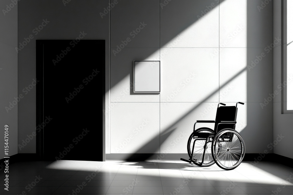 A solitary wheelchair sits in a dimly lit room, casting shadows and evoking themes of isolation and reflection. A solitary wheelchair sits in a dimly lit room, casting shadows and evoking themes of isolation and reflection.