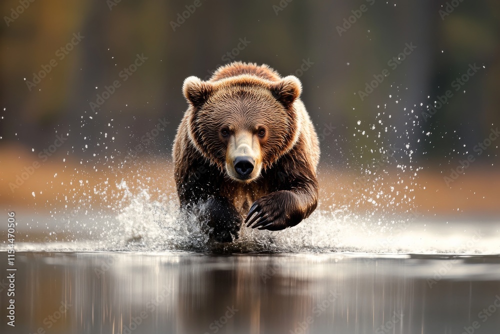Grizzly bear running through shallow water at sunset in a natural wilderness setting Grizzly bear running through shallow water at sunset in a natural wilderness setting
