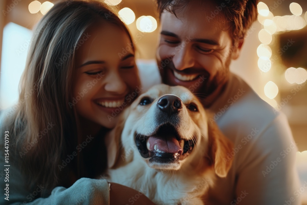 Couple enjoying a cozy evening with their happy golden retriever surrounded by warm lights Couple enjoying a cozy evening with their happy golden retriever surrounded by warm lights