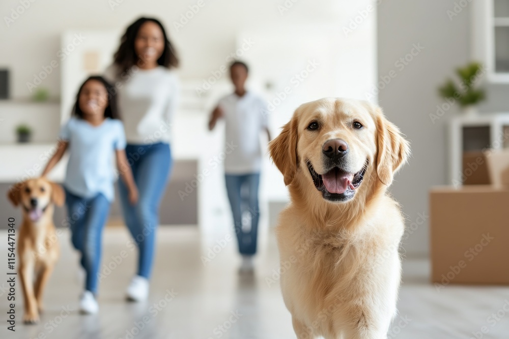 Family enjoys time together with dogs in bright living room during afternoon Family enjoys time together with dogs in bright living room during afternoon