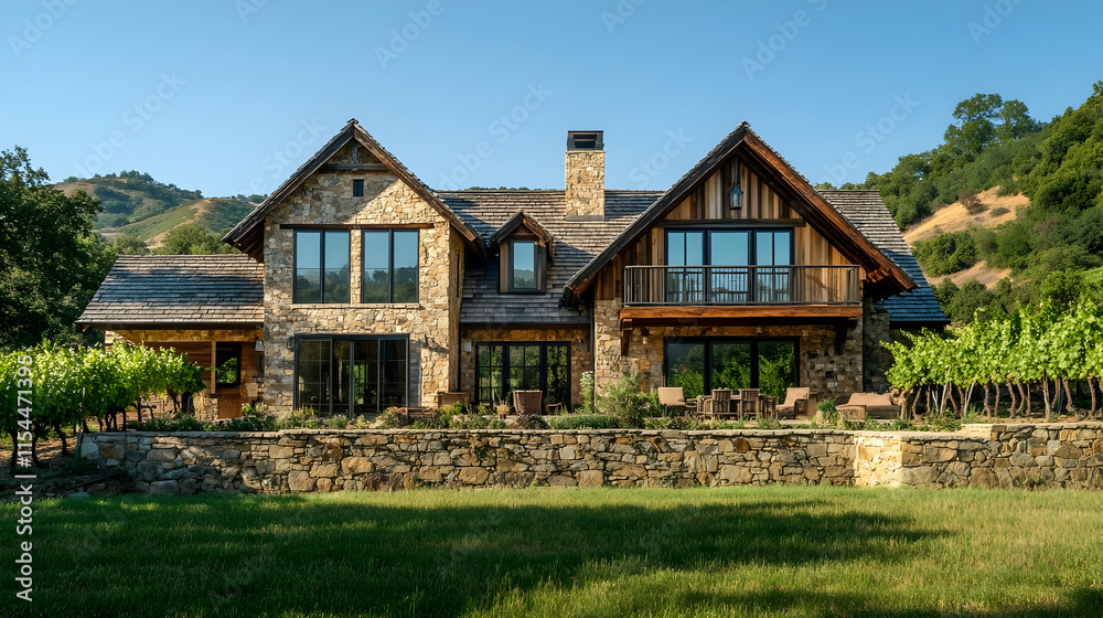 Rustic vineyard estate in Napa Valley California with stone walls and rolling hills Rustic vineyard estate in Napa Valley California with stone walls and rolling hills