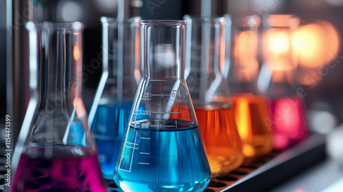 A colorful array of chemical flasks lined up, showcasing various vibrant liquids ideal for science and laboratory themes.
 photo