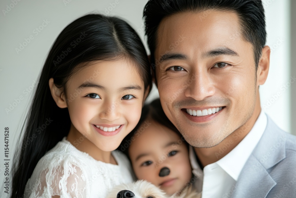 Smiling father poses with his daughters while they enjoy a cozy moment indoors during a sunny afternoon Smiling father poses with his daughters while they enjoy a cozy moment indoors during a sunny afternoon