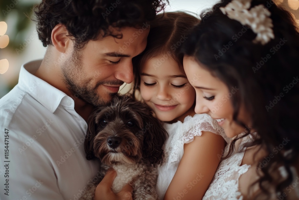 Loving family moment captured indoors with their dog, showcasing joy and togetherness Loving family moment captured indoors with their dog, showcasing joy and togetherness