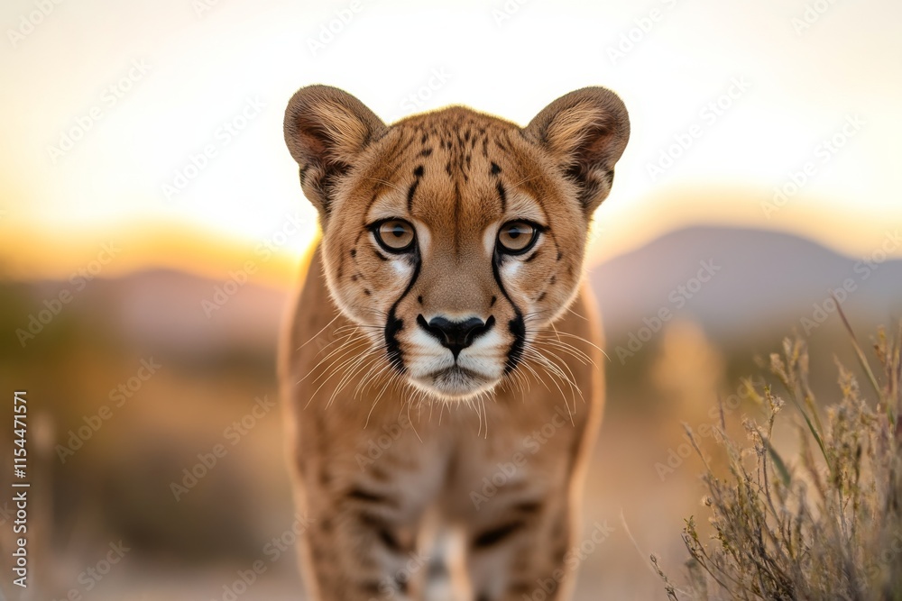 Obraz premium Wild cheetah approaches the camera during golden hour in a desert landscape
