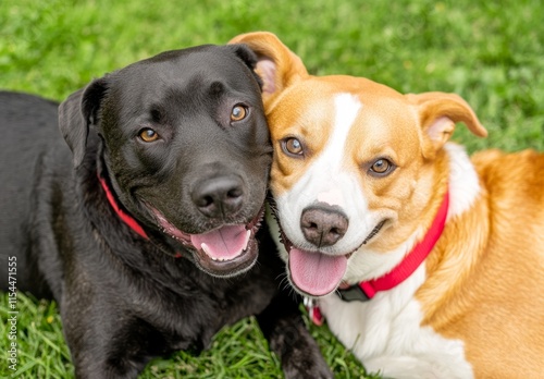 Two happy, adorable dogs sit next to each other on the lush green grass, gazing loyally up at their owner photo