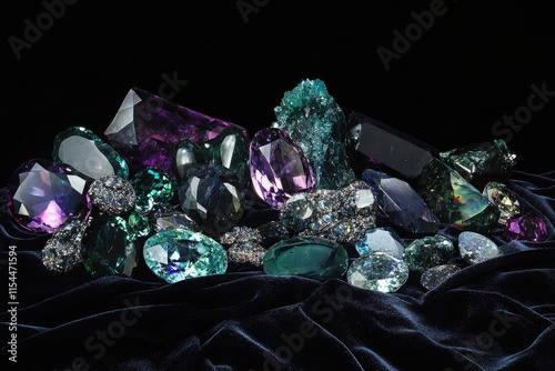 A captivating collection of vibrant purple, green, and blue gemstones, showcasing their unique brilliance and intricate facets.