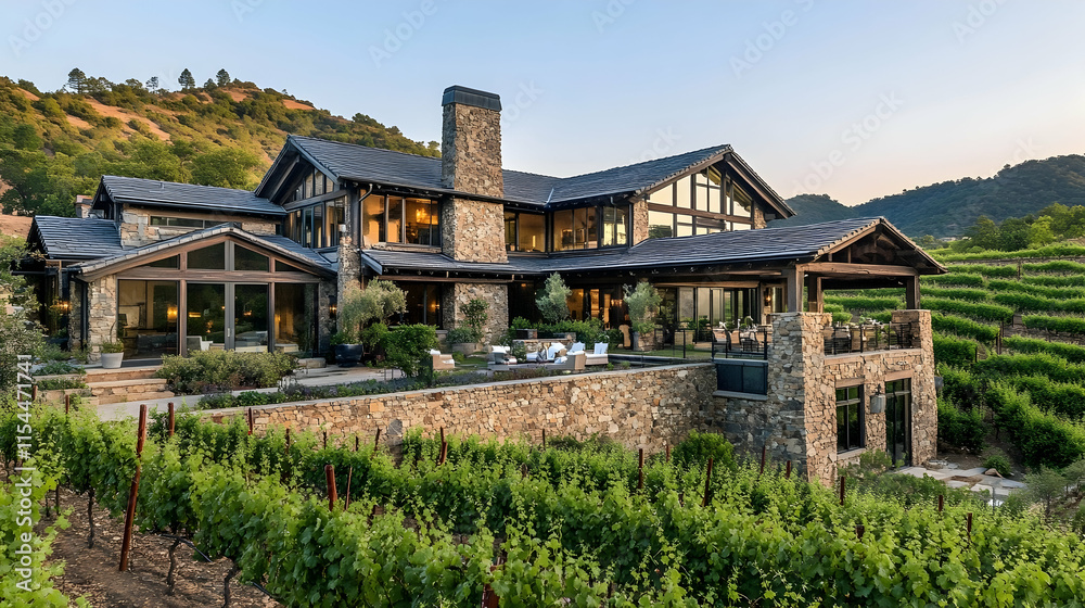 Rustic vineyard estate in Napa Valley California with stone walls and rolling hills Rustic vineyard estate in Napa Valley California with stone walls and rolling hills