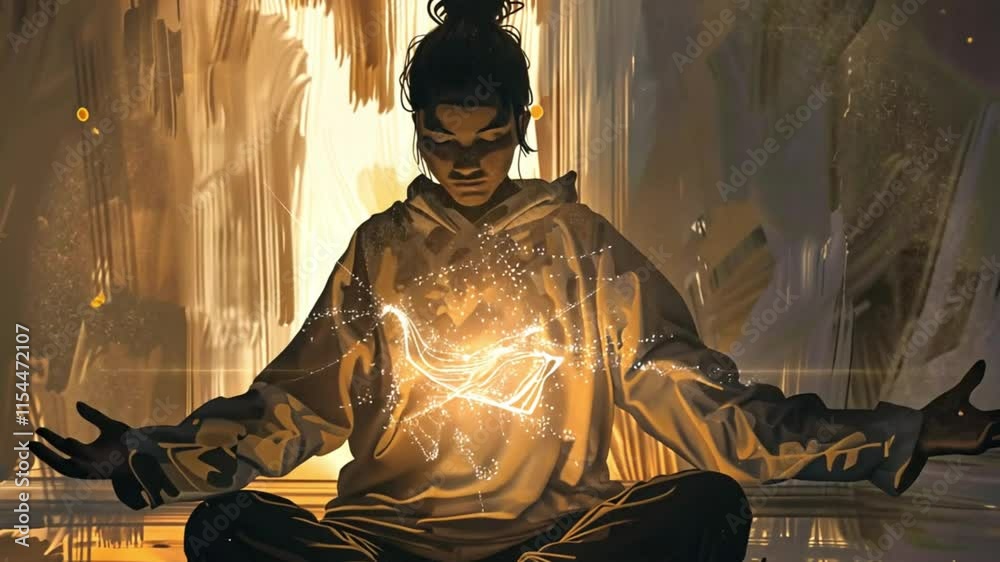 A man releases a powerful spiritual glow from within, symbolizing enlightenment and inner strength.