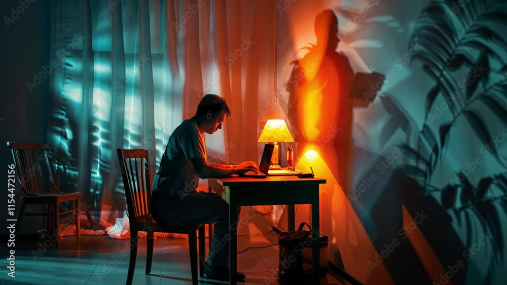 A man works at a laptop with his shadow looming behind, representing internal struggles and self-doubt. A man works at a laptop with his shadow looming behind, representing internal struggles and self-doubt.