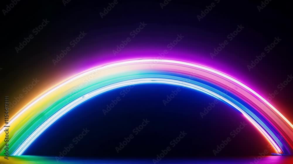 A vibrant neon rainbow arch against a dark background creates a striking contrast. Ideal for modern, futuristic, or abstract themes with a colorful twist.