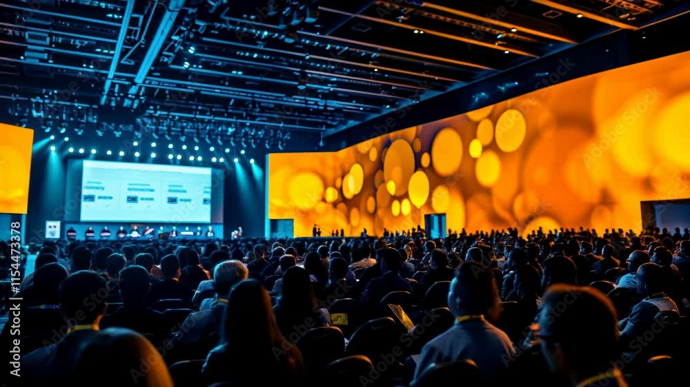 A large audience listens to a presentation at a conference. AI.