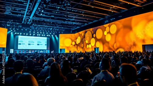A large audience listens to a presentation at a conference. AI.