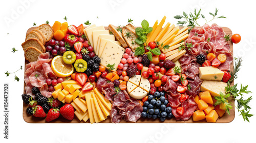 PNG Transparent Charcuterie Board: Holiday Feast Traditional Food Platter with Fruits, Cheeses, Meats, and Herbs on Wooden Platter