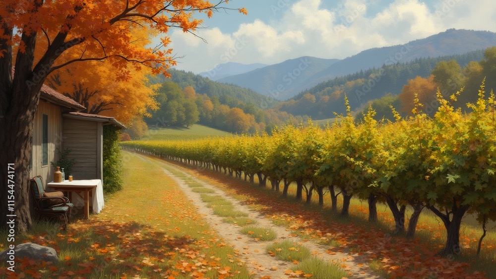 Naklejka premium The image is a beautiful landscape of a vineyard in autumn. The sky is blue with white clouds and the mountains in the background are covered in green trees with orange and yellow leaves.