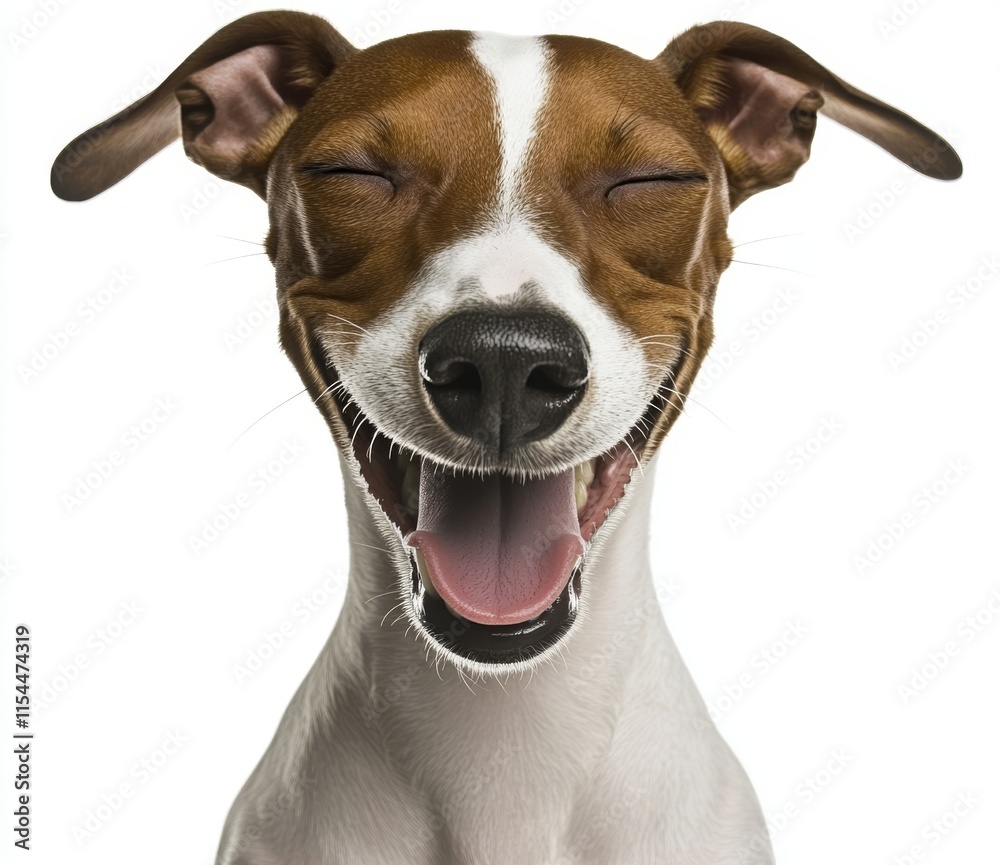 A dog displaying a comical expression of disgust, denial, and disagreement, with a grin and visible teeth, on a white background A dog displaying a comical expression of disgust, denial, and disagreement, with a grin and visible teeth, on a white background