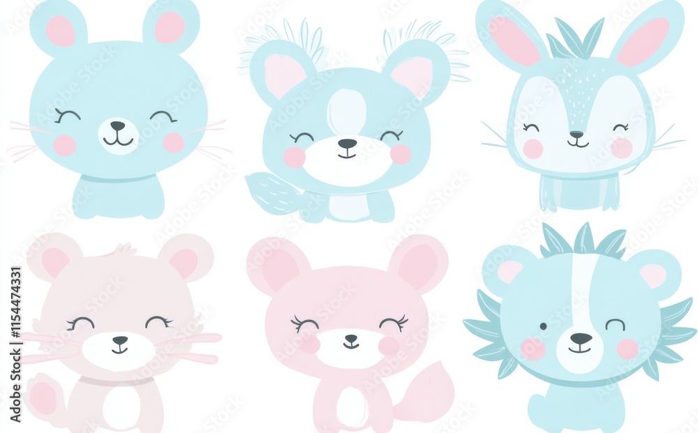 custom made wallpaper toronto digitalBaby cards with modern illustrations of cute cartoon animals including a lion, dog, bunny, bear, panda, tiger, cat, and fox