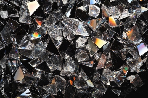 A close-up shot of shattered glass pieces, reflecting iridescent light.