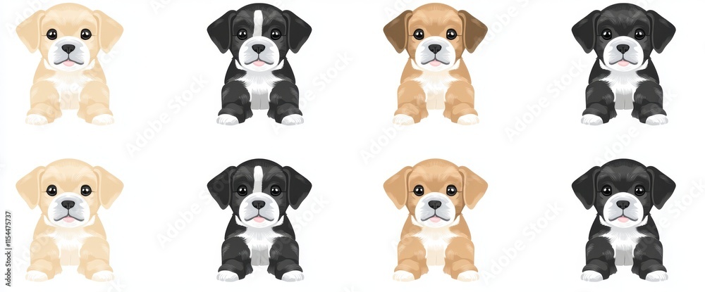 Fototapeta premium Cartoon dog or puppy characters in a modern, cute doodle style, with a collection of flat color designs in different poses. The set includes funny pet animals set against a white background
