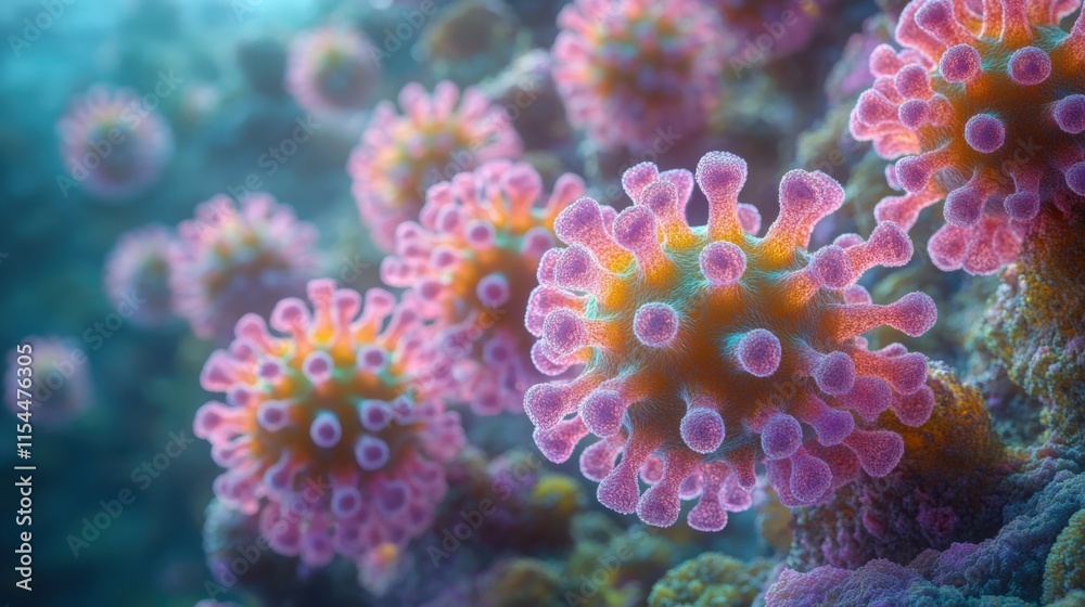 Fototapeta premium Microscopic view of viruses, detailed 3D rendering. (3)