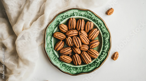  fresh pecan nuts in green plate isolated on white background photo